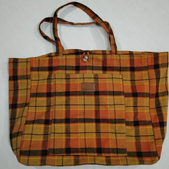 Maurices Plaid Flannel Tote Bag Button Closure Front Pocket Striped Lining - Picture 1 of 16